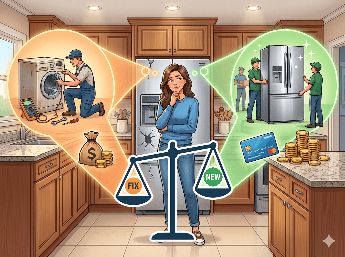 Homeowner weighing repair vs replace decision for a broken appliance in a San Diego kitchen