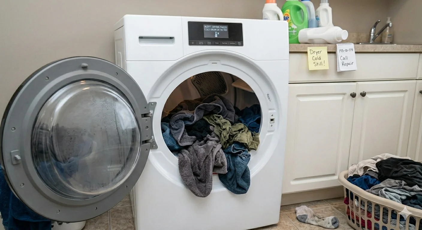 Front-load dryer with open door and wet clothes inside a San Diego laundry room