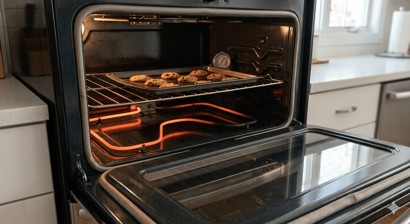 Gas range oven with open door showing uneven browning on a baking sheet in a San Diego kitchen