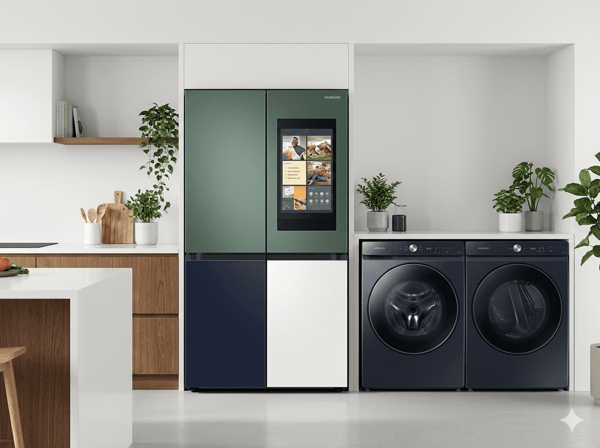 Samsung Bespoke refrigerator with Family Hub display and Samsung washer and dryer set in a modern kitchen
