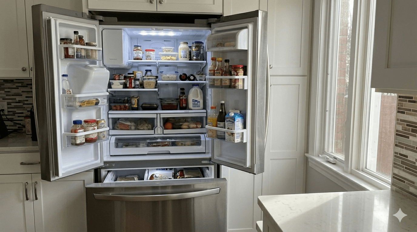 Open kitchen with refrigerator, range, and dishwasher — spring appliance maintenance checklist for San Diego homeowners